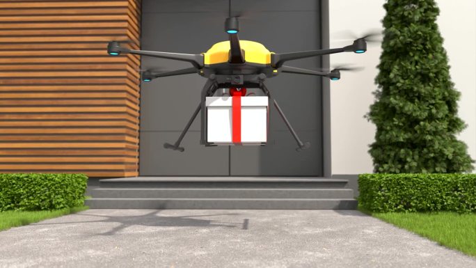 无人机送礼物，自主快递机器人，商务航空运输概念