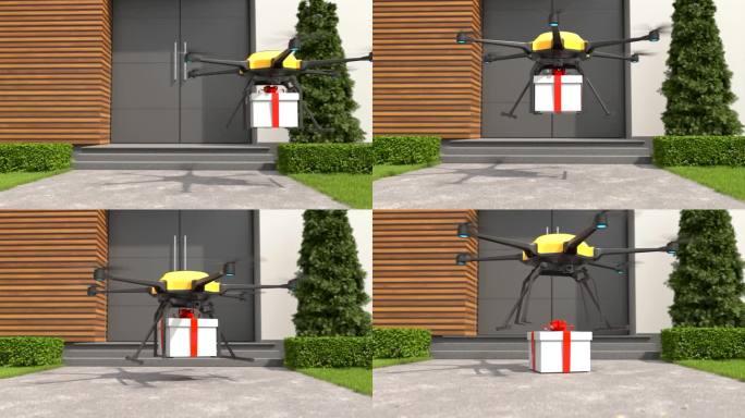 无人机送礼物，自主快递机器人，商务航空运输概念