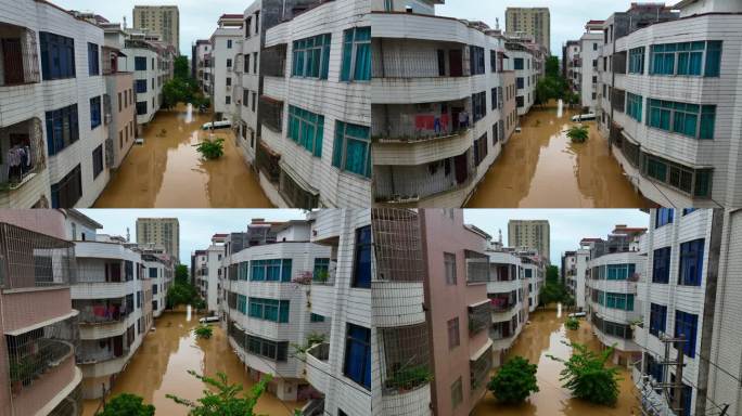 航拍粤西水浸街水浸居民楼