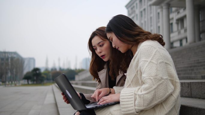 美女大学生在校园使用笔记本电脑讨论学习
