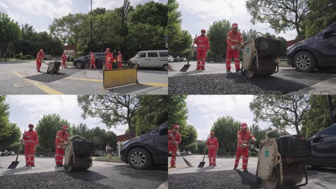 道路修复 铺设柏油马路 工人