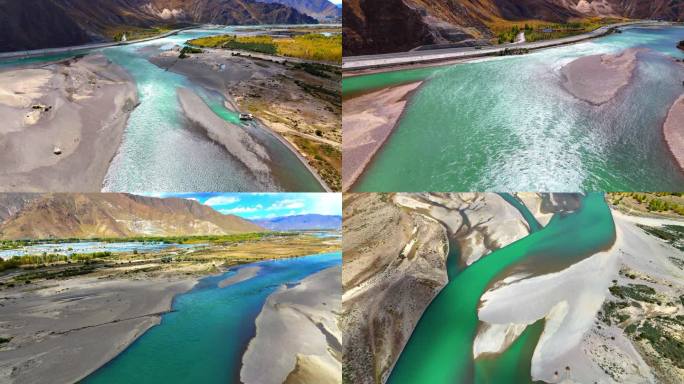 航拍 青藏高原 西藏 秋季 绿色 拉萨河