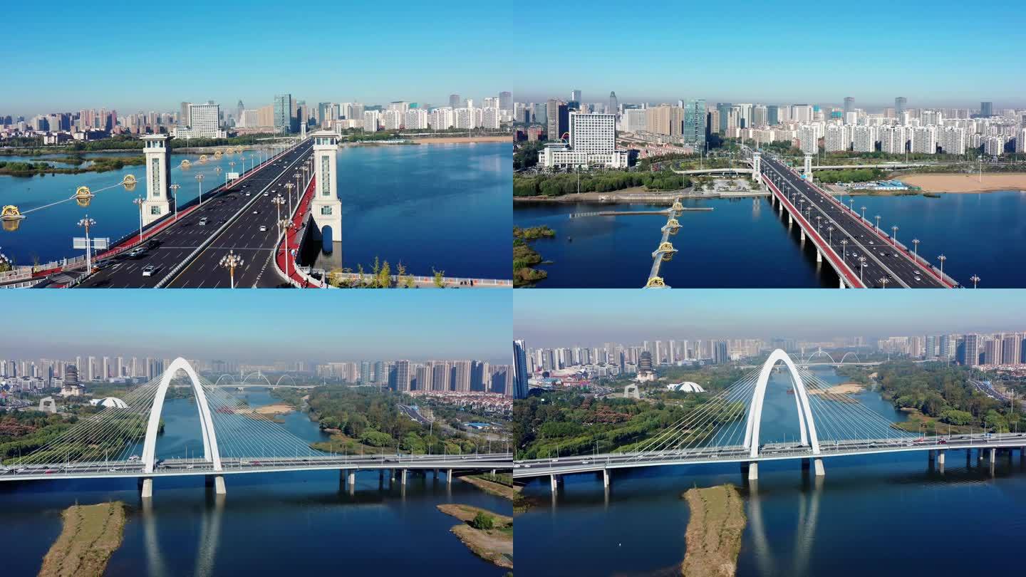 4K航拍临沂市北城新区北京路沂河大桥风景