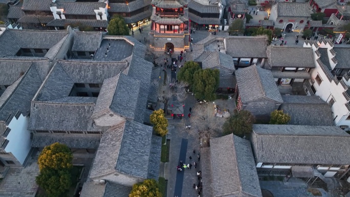航拍山东省枣庄市台儿庄古城景区夜景