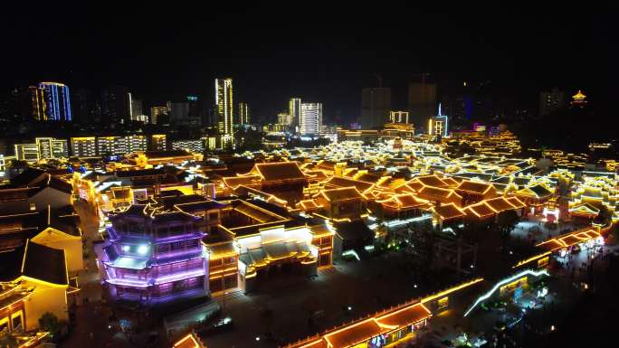 贵州铜仁古城中华门古城夜景灯光航拍