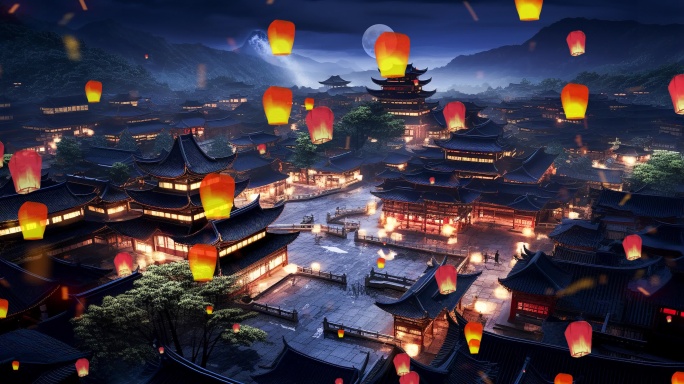 中国风古建筑夜景孔明灯素材