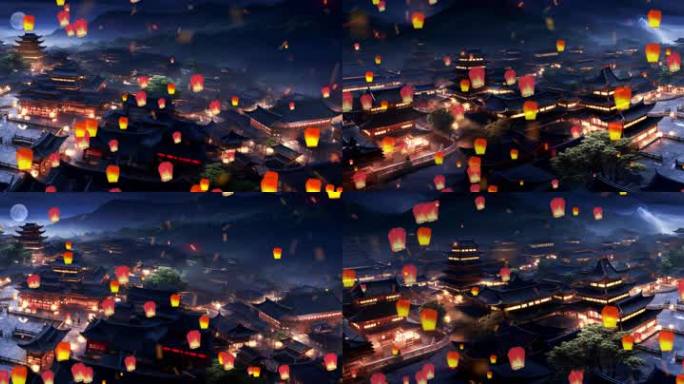 中国风古建筑夜景孔明灯素材