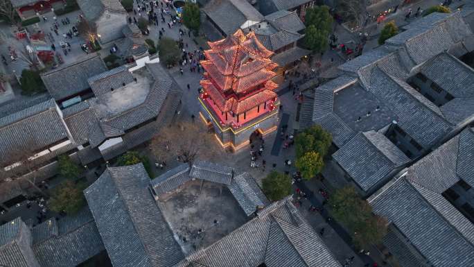 航拍山东省枣庄市台儿庄古城景区夜景