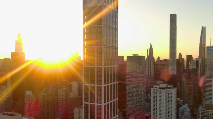 航拍纽约曼哈顿东区萨顿大厦摩天大楼日落