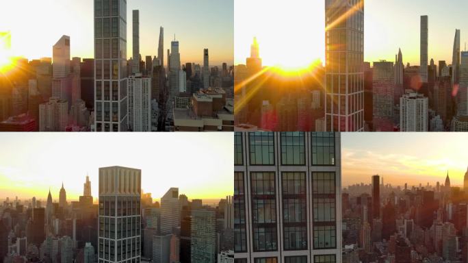 航拍纽约曼哈顿东区萨顿大厦摩天大楼日落