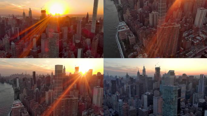 航拍纽约曼哈顿东区萨顿大厦摩天大楼日落河
