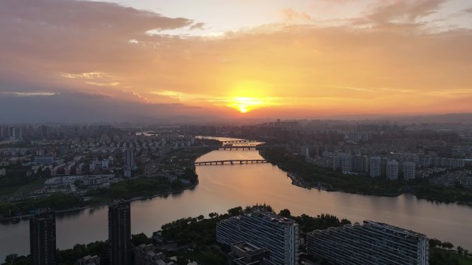 航拍宁波姚江日出日落夕阳彩云晚霞剪映