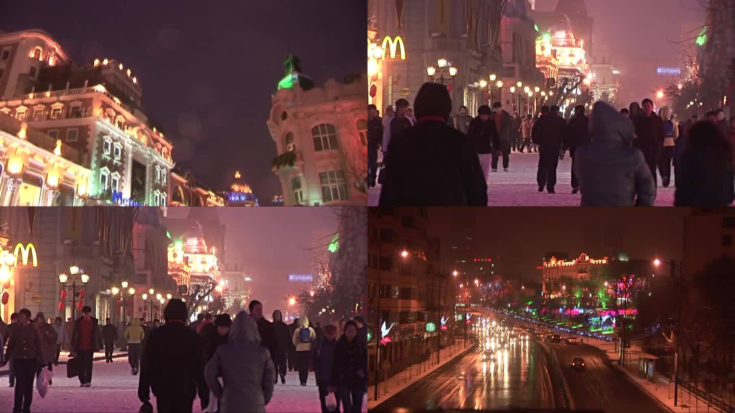 哈尔滨 中央大街雪景  行人  夜景