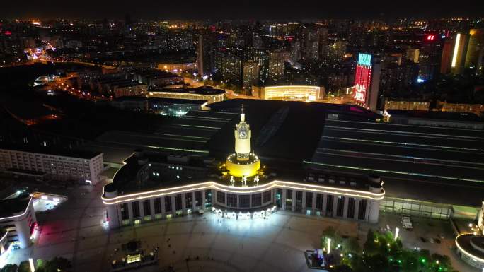 天津火车站夜景灯光航拍