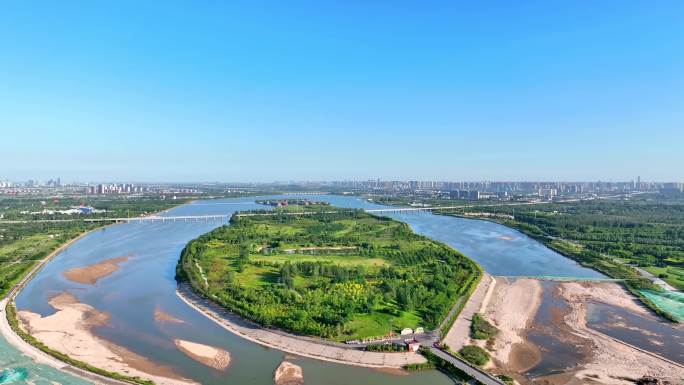 航拍河北省石家庄市滹沱河生态区、滹沱河岛