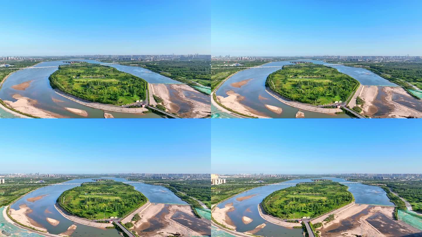 航拍河北省石家庄市滹沱河生态区、滹沱河岛