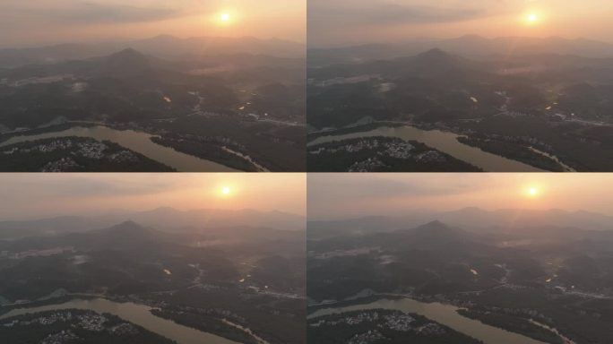 航拍肇庆市绥江古渡头夕阳日落延时山水一