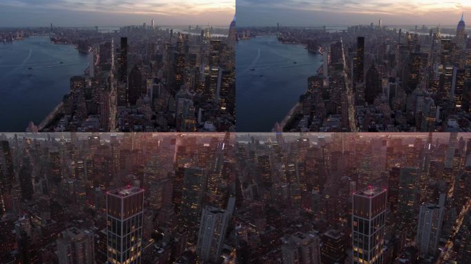 城市航拍纽约曼哈顿上东区市中心摩天大楼河