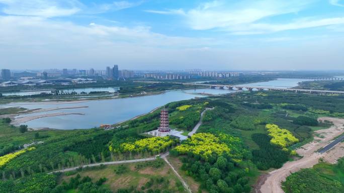 航拍河北省石家庄市滹沱河生态区、滨水公园