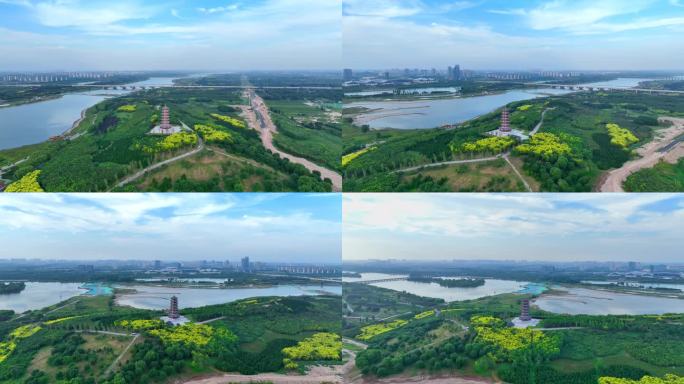 航拍河北省石家庄市滹沱河生态区、滨水公园