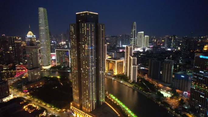 中国天津海河城市夜景灯光航拍