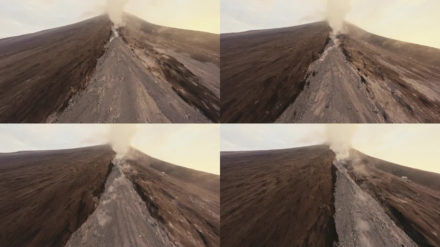 鸟瞰图接近喷发的火山高峰，伴随着烟雾和落石的灾难爆炸