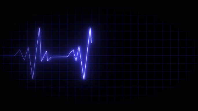 心跳线与霓虹效果在一个平滑的循环。心电图心率监测器心跳循环。心形心电图与热脉冲和蓝色照明霓虹灯背景动