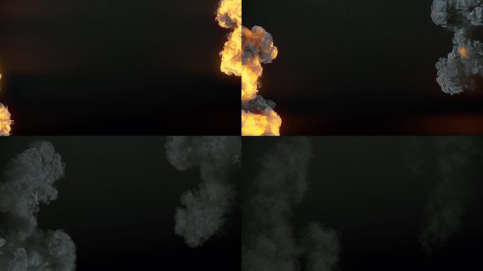 巨大的火灾爆炸。黑烟孤立在黑色的背景上。抽象的创意设计背景。3d渲染数字动画4K