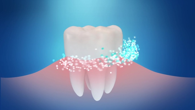 牙齿周围的蓝色颗粒清洁，使他们洁白闪亮，3D动画