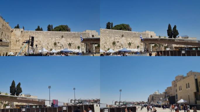 耶路撒冷圣殿山西墙前飘扬的以色列国旗