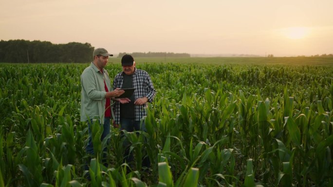 专业农学家用片剂预测收成，两个农民站在绿色的玉米地