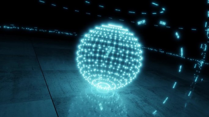 未来的背景。科技霓虹背景。相机围绕一个带有网格的球体旋转。