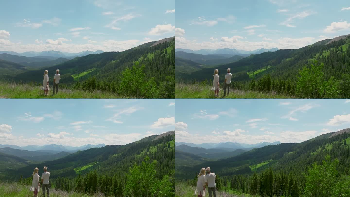 一对老年夫妇欣赏野山谷的景色