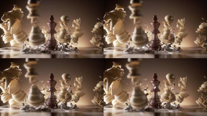 黑棋王掉到棋盘上，把白棋王砸得粉碎。3d动画的侵略性攻击和成功的战略。