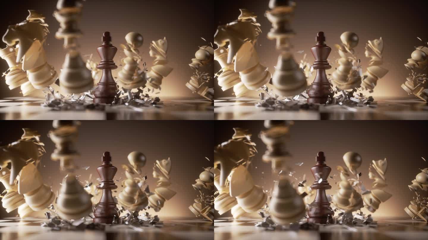 黑棋王掉到棋盘上，把白棋王砸得粉碎。3d动画的侵略性攻击和成功的战略。