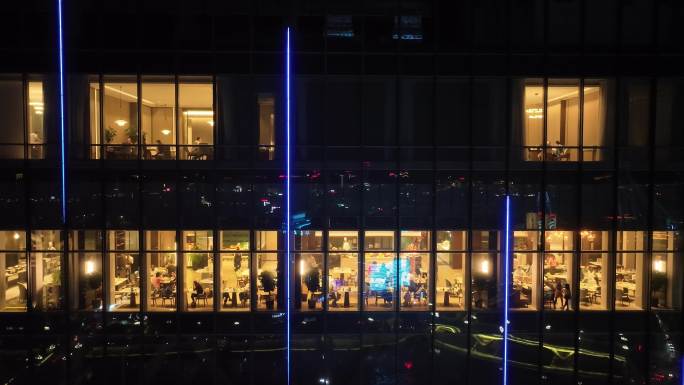 城市高楼酒店玻璃幕墙餐厅夜景灯光实拍素材