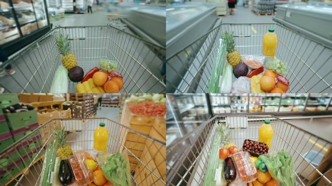 在超市购物，把购物车装满食品杂货，超级延时