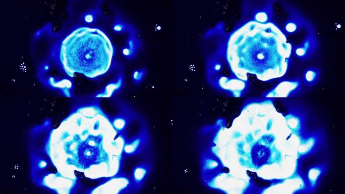 在太空医疗保健研究背景下，通过显微镜看到的快速突变的蓝色细胞，就像一颗星星