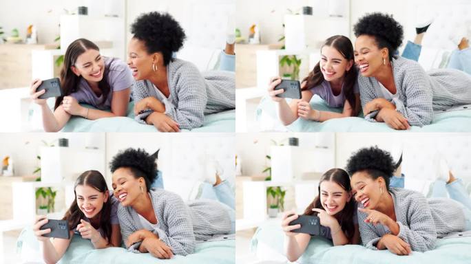 女人，朋友和手机在视频通话中笑，因为有趣的笑话，表情包或在家里的床上交流。女人用手机聊天，在卧室里进