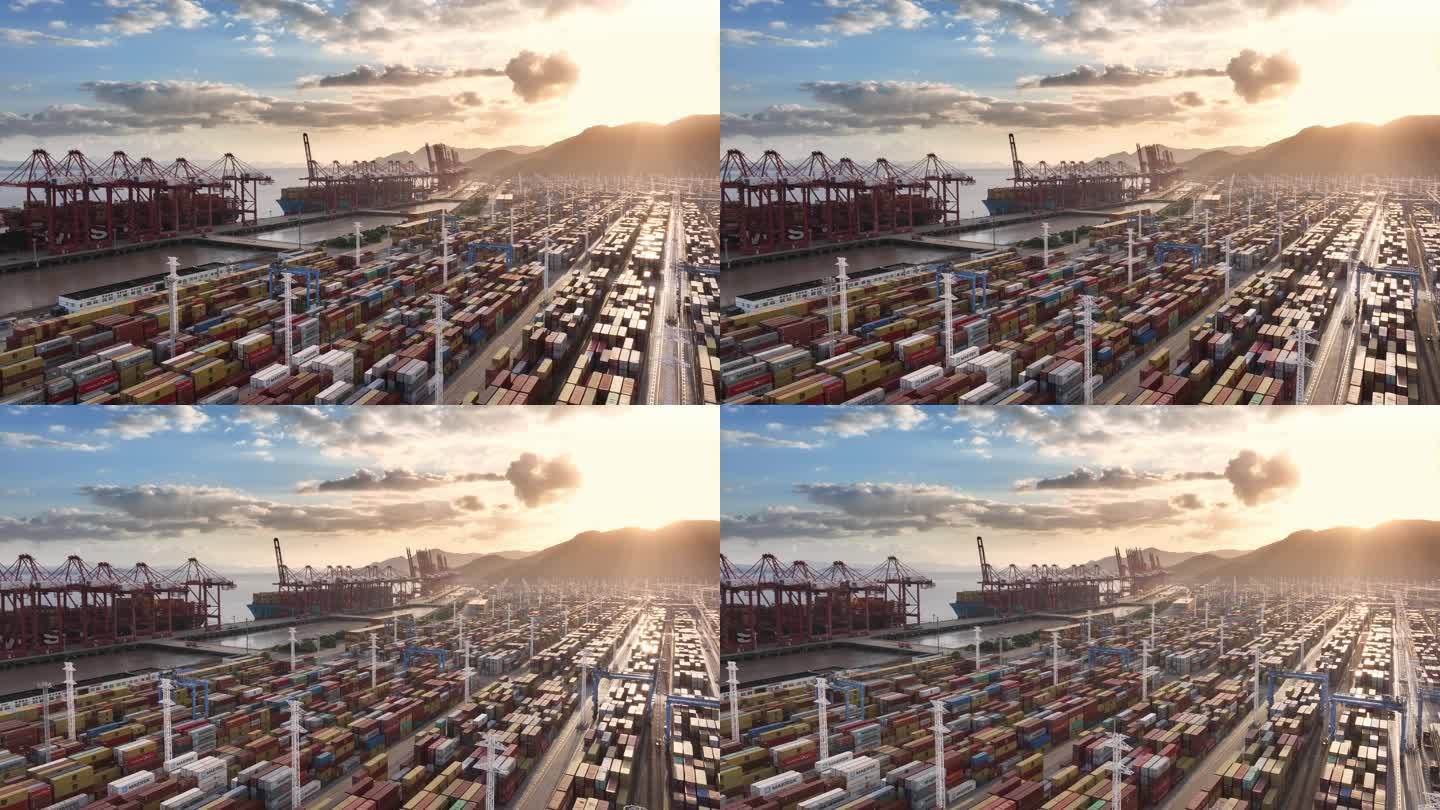 日出时分宁波舟山北仑港集装箱码头航拍