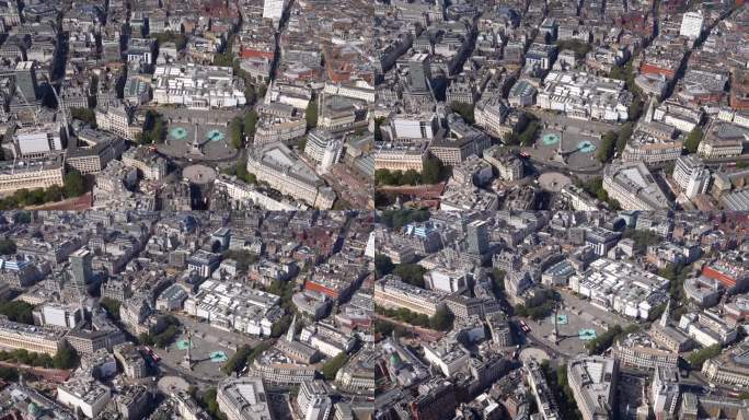 鸟瞰特拉法加广场、纳尔逊纪念柱和英国伦敦国家美术馆。