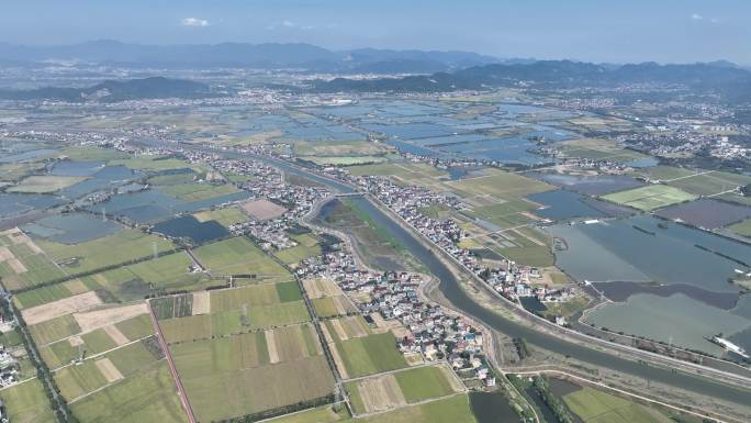 江南平原田野秋天稻田河流村庄村落航拍素材