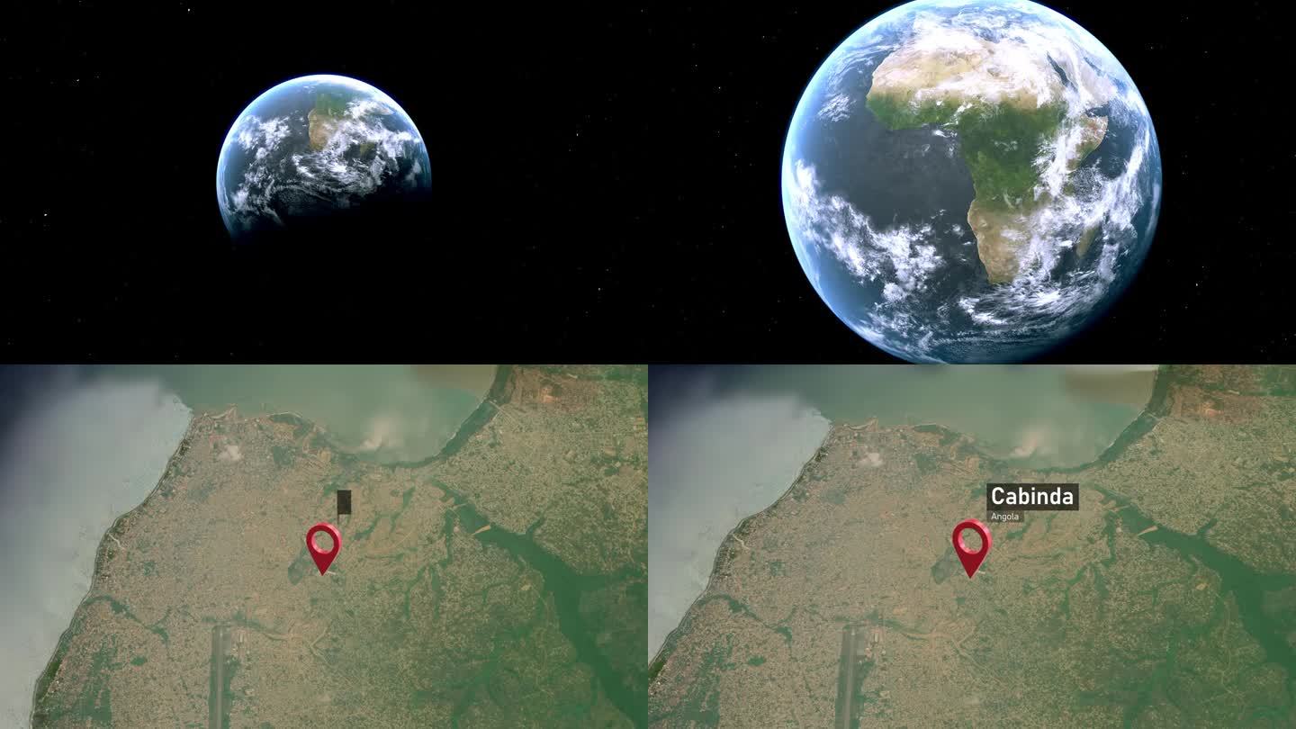 卡宾达城市地图从太空到地球缩放，安哥拉