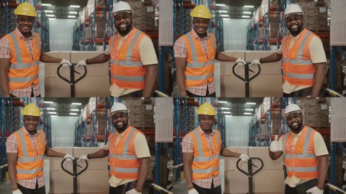 黑人男性仓库工人站在配送仓库的肖像