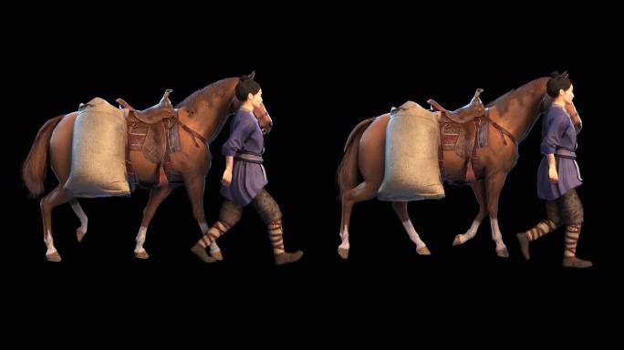 三维动画茶马古道古代人牵着马行走视频素材
