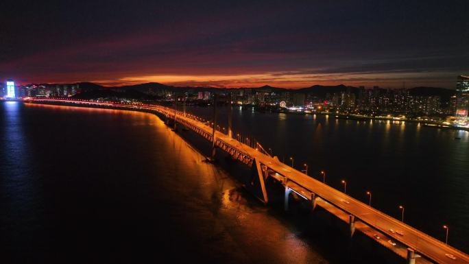 大连星海湾大桥夜景航拍