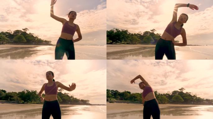 女人在沙滩上跑步海边做瑜伽运动海滩拉伸腰
