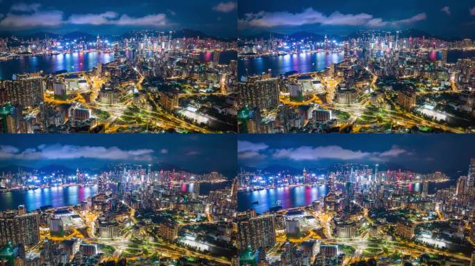 香港夜空鸟瞰图。繁华港澳台特区旺角