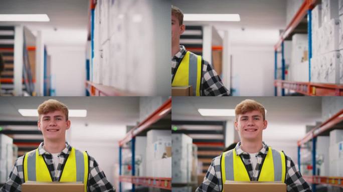微笑的年轻男工人肖像，穿着高能见度安全背心，拿着仓库里的箱子
