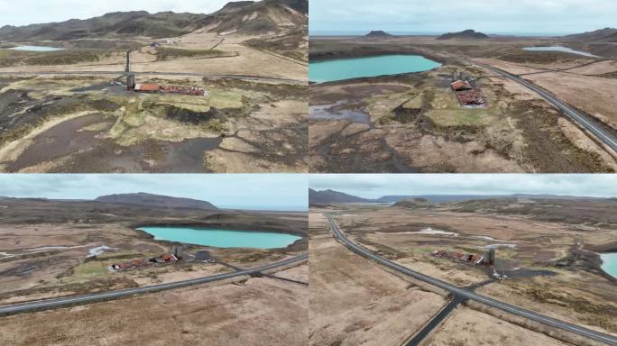 冰岛南部雷克雅内斯地热区的废弃农场。空中轨道